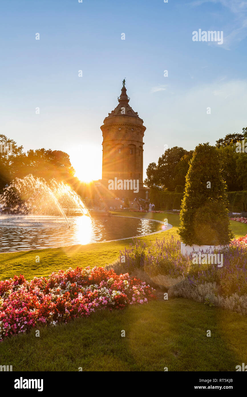 Germany, Mannheim, Friedrichsplatz with fountain and water tower in the background by sunset Stock Photo