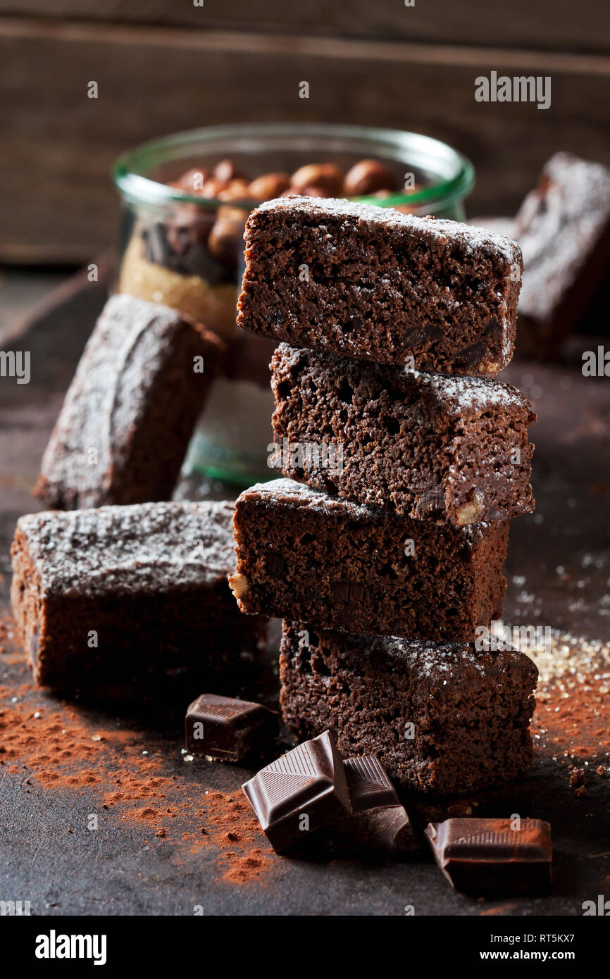 Brownies and glass of baking mix for preparing brownies Stock Photo Alamy