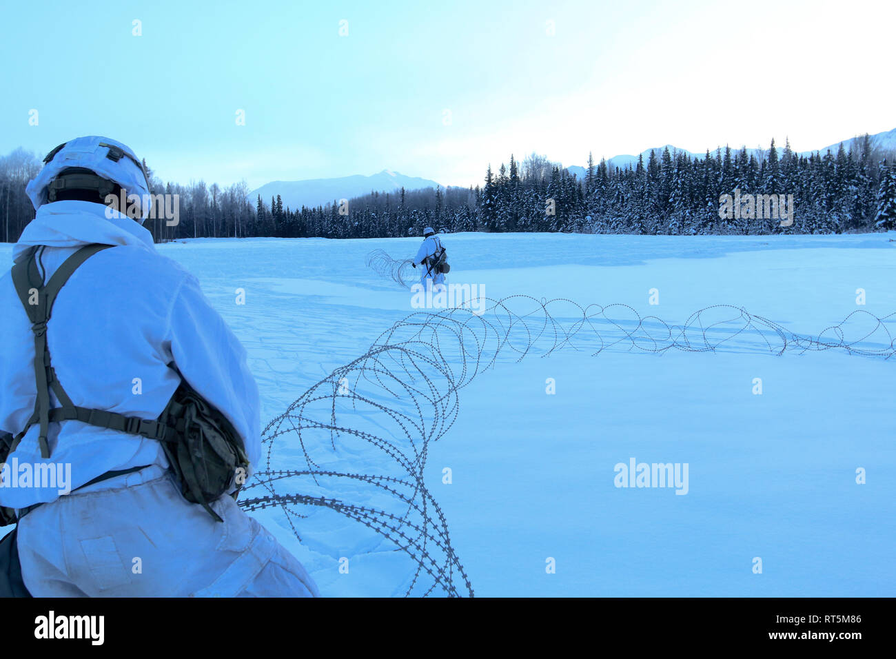 Paratroopers with 2nd Battalion, 377th Parachute Field Artillery Regiment, 4th Infantry Brigade Combat Team (Airborne), 25th Infantry Division, U.S. Army Alaska, set up Concertina wire during artillery training at Joint Base Elmendorf-Richardson, Alaska, Feb. 27, 2019. Paratroopers use the wire to set up defensive perimeters around their firing positions. (U.S. Army photo by Sgt. Alex Skripnichuk) Stock Photo