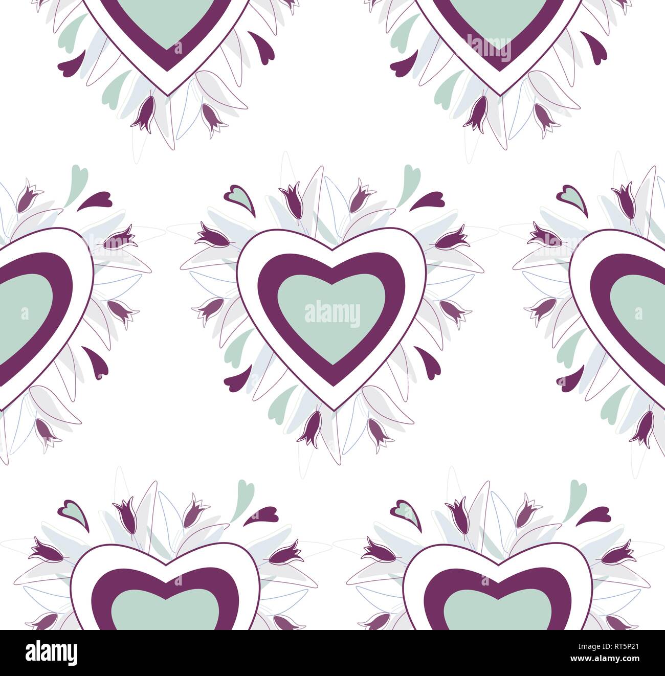 Seamless floral pattern - ultra violet colored flowers and and blue hearts Stock Vector