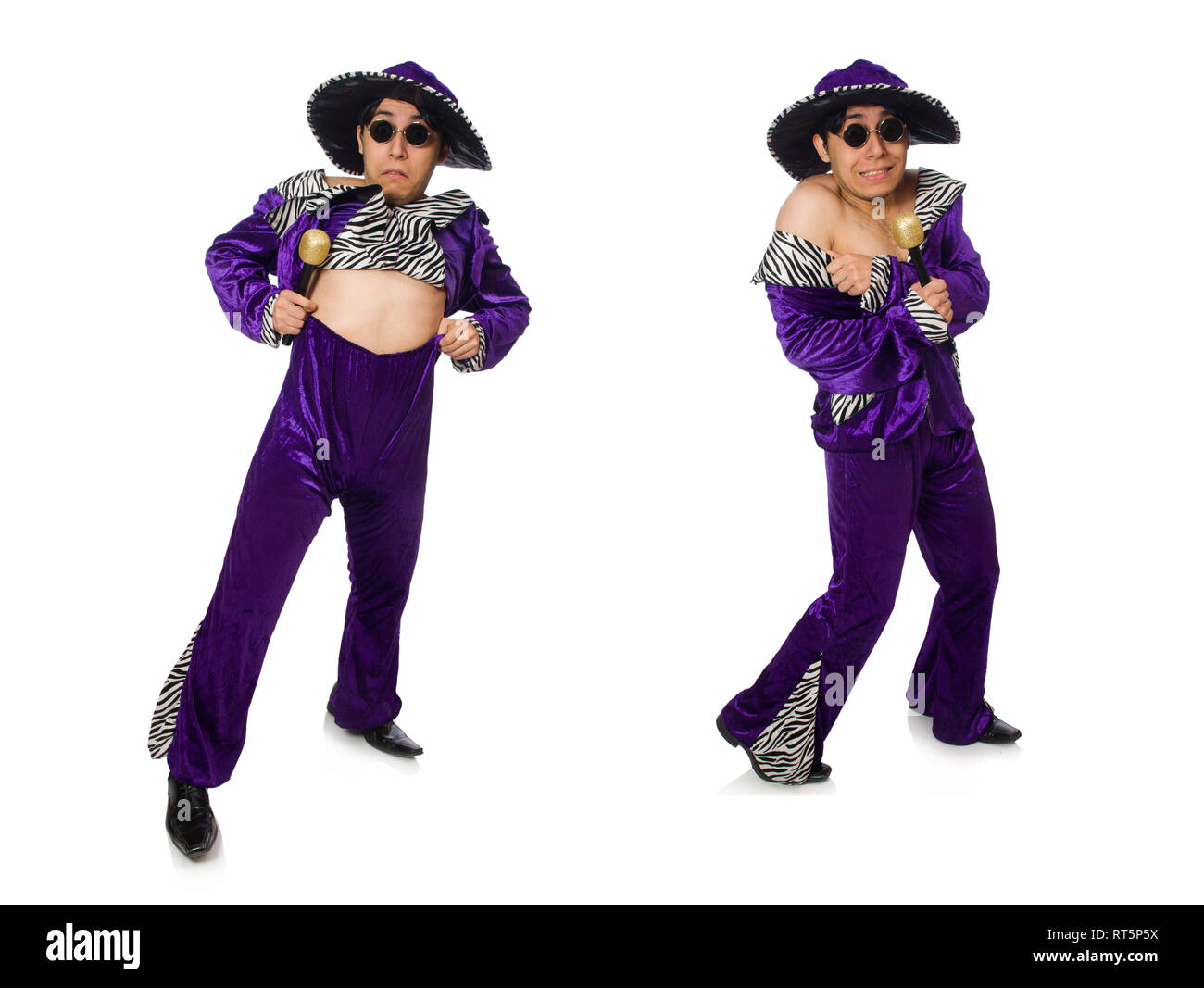 Funny man with microphone isolated on white Stock Photo - Alamy