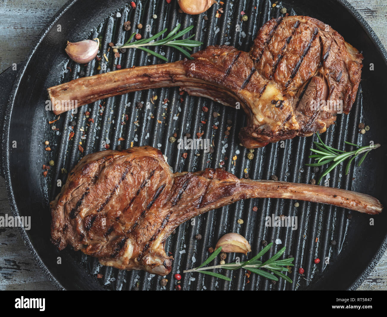 grilled roast lamb veal ribs loin on the grill pan, spices , chops Stock Photo