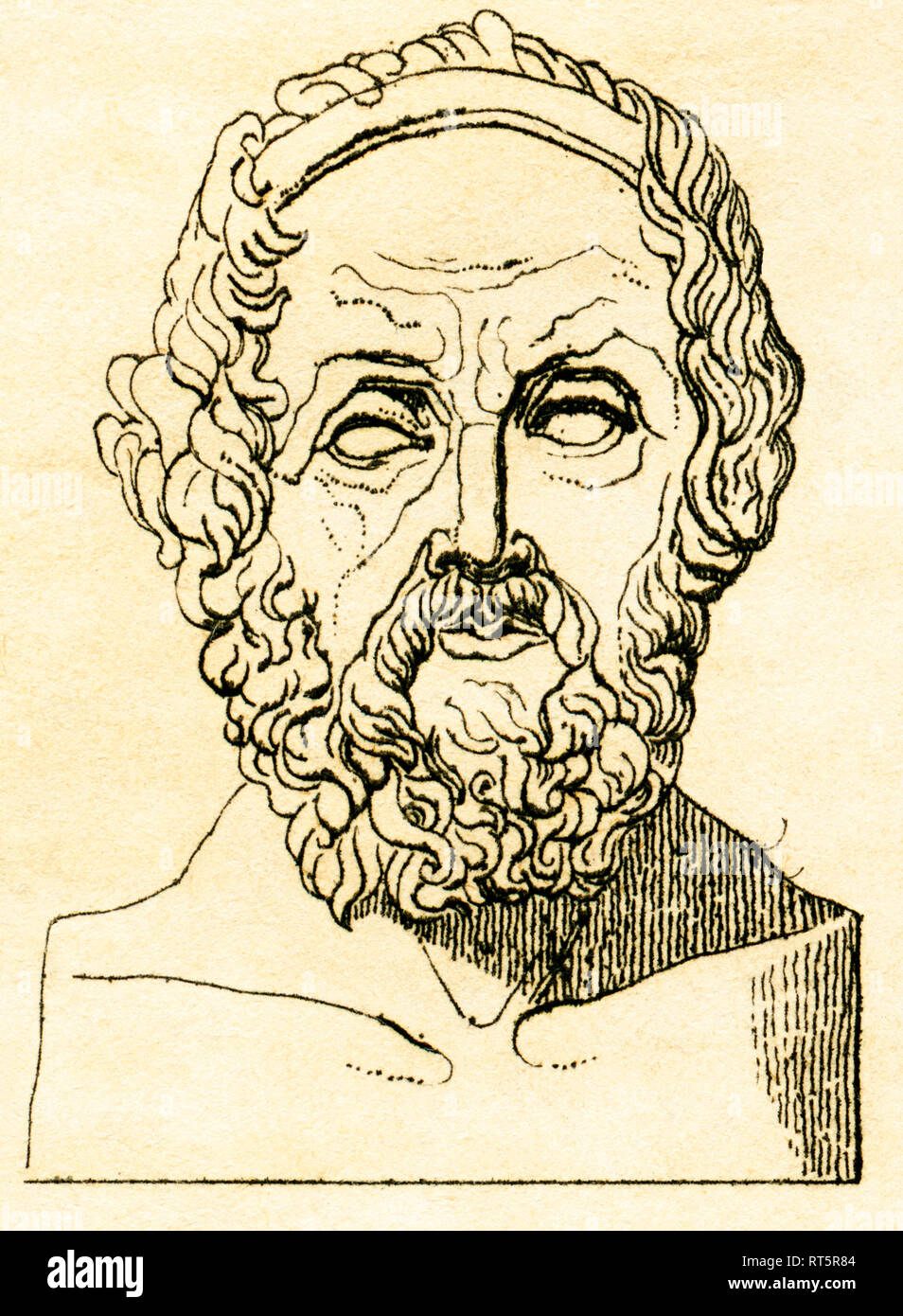 Greece, Homer, author of the Illiad and the Odyssey, steel engraving from: Dr. C. A. Mebolds ' Welt-Gemälde-Gallerie oder Geschichte und Beschreibung aller Länder und Völker, ihrer Gebräuche, Religionen, Sitten u.f.m. ' (world history, description all countries and people, their manners and customs), Stuttgart, published by Schweizerbart, about 1836., Artist's Copyright has not to be cleared Stock Photo