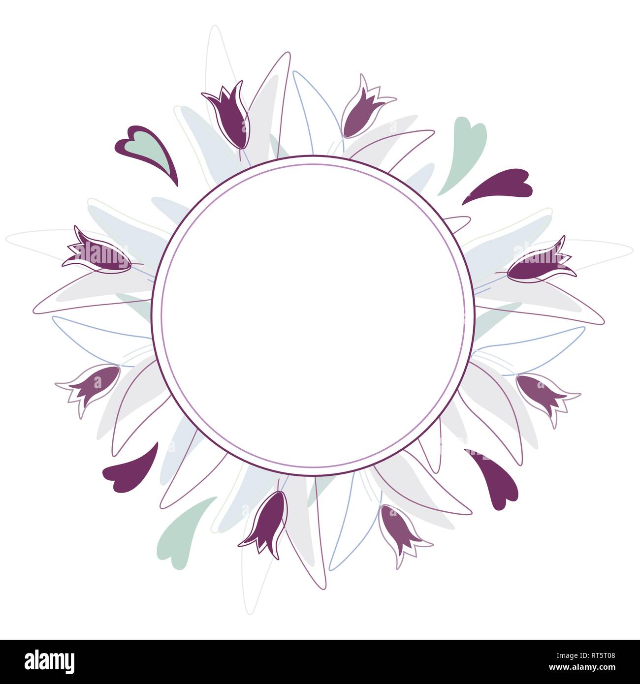 Round frame of violet flowers and blue leaves and hearts Stock Vector
