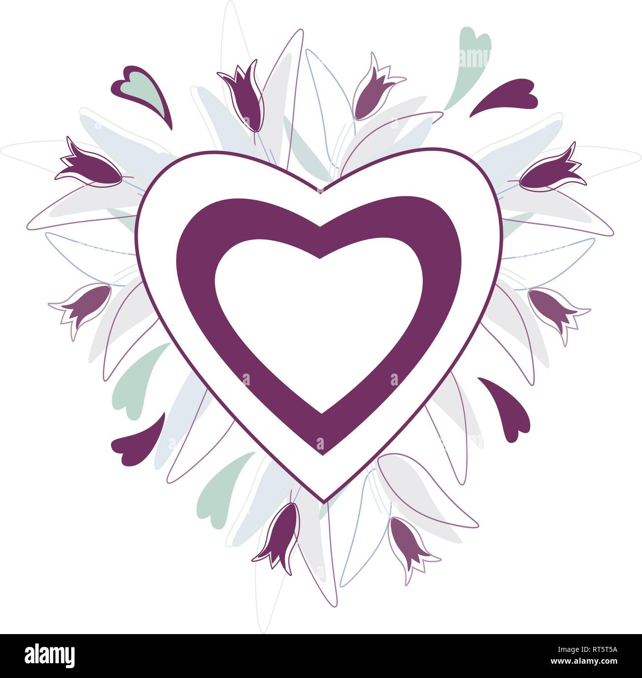 heart frame of violet flowers and blue leaves and hearts Stock Vector