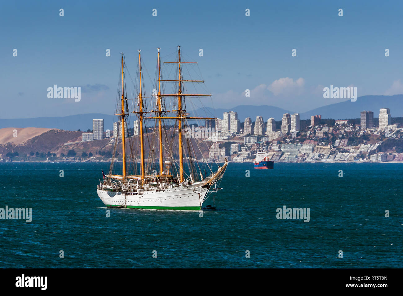 Valparaiso, Chile, November 23, 2017: Esmeralda, a steel-hulled four-masted barquentine tall ship of the Chilean Navy. Stock Photo