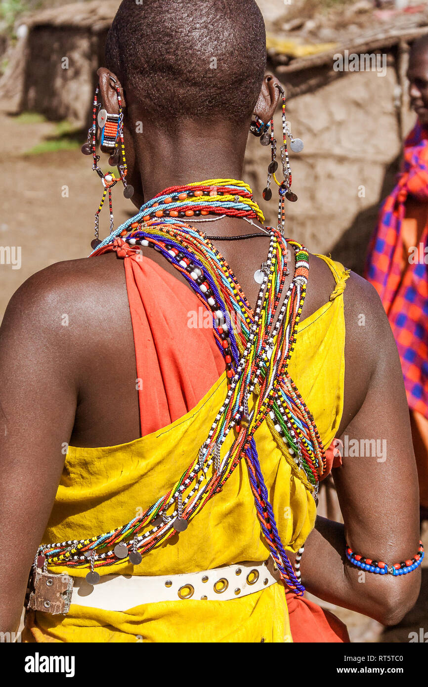 Masai Mara, Kenya, May 23, 2017: Woman of Masai tribe with typical jewels Stock Photo