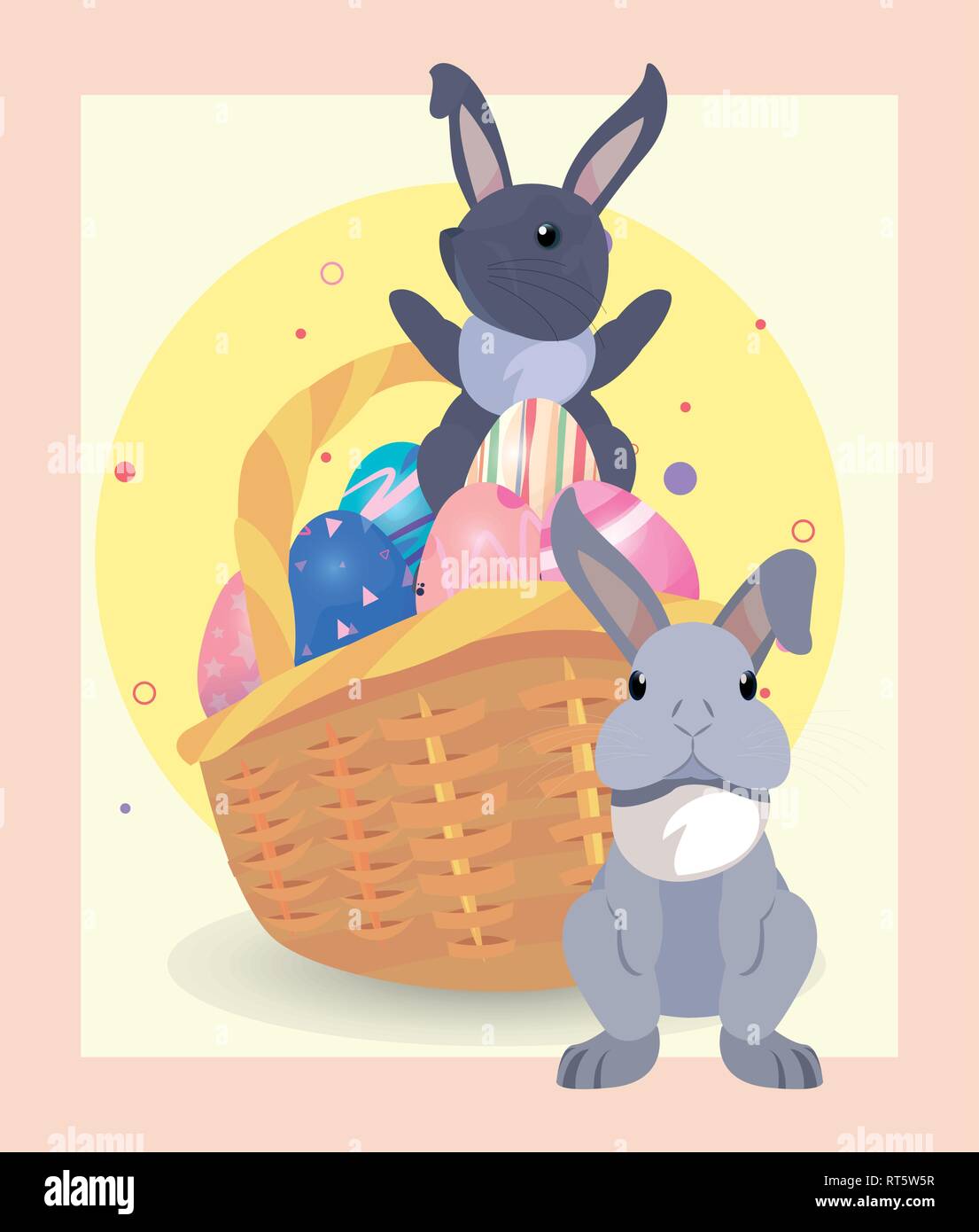 rabbits with basket and eggs happy easter card vector illustration ...
