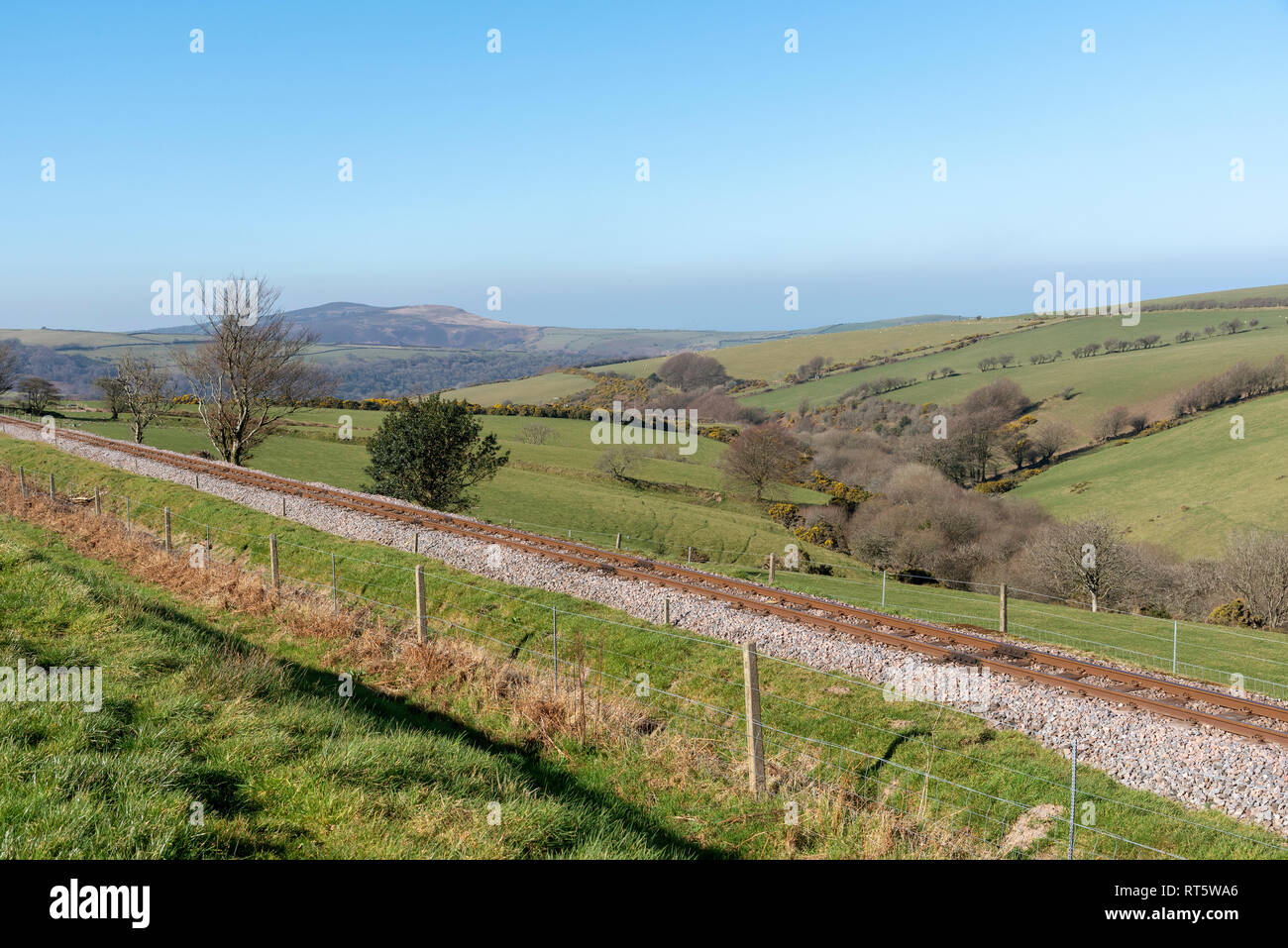 Parracombe, Devon, England, UK, February 2019. A view of the Heddon Valley on Exmoor with a narrow guage railway line of the Lynton & Barnstaple Railw Stock Photo