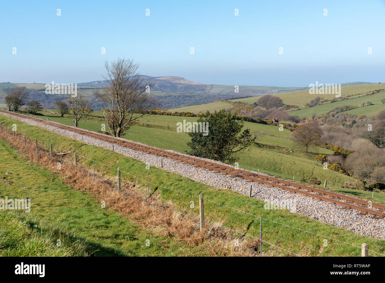 Parracombe, Devon, England, UK, February 2019. A view of the Heddon Valley on Exmoor with a narrow guage railway line of the Lynton & Barnstaple Railw Stock Photo