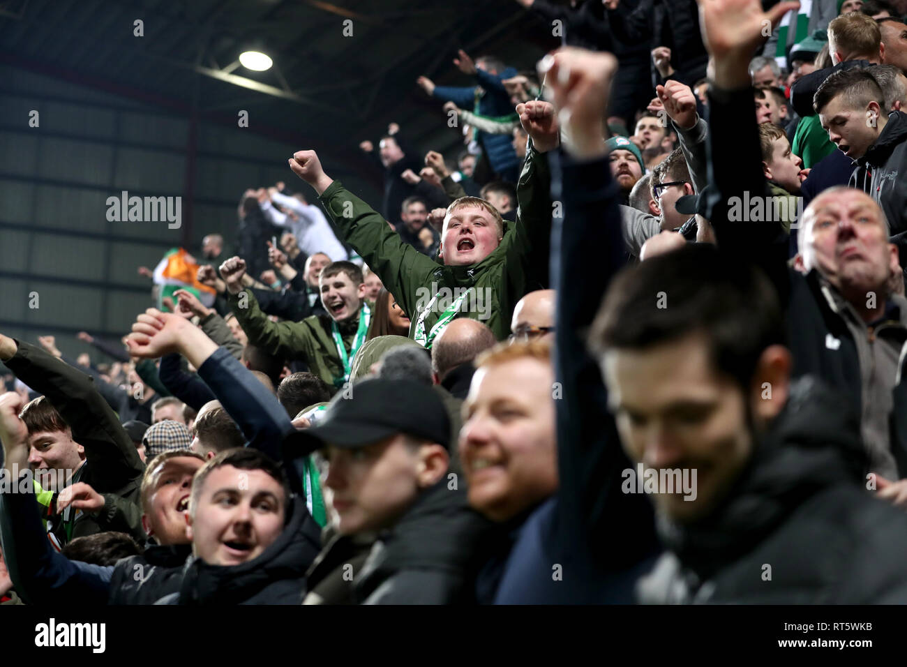 Celtic's fans during the Ladbrokes Scottish Premiership match at Tynecastle Park, Edinburgh. Stock Photo
