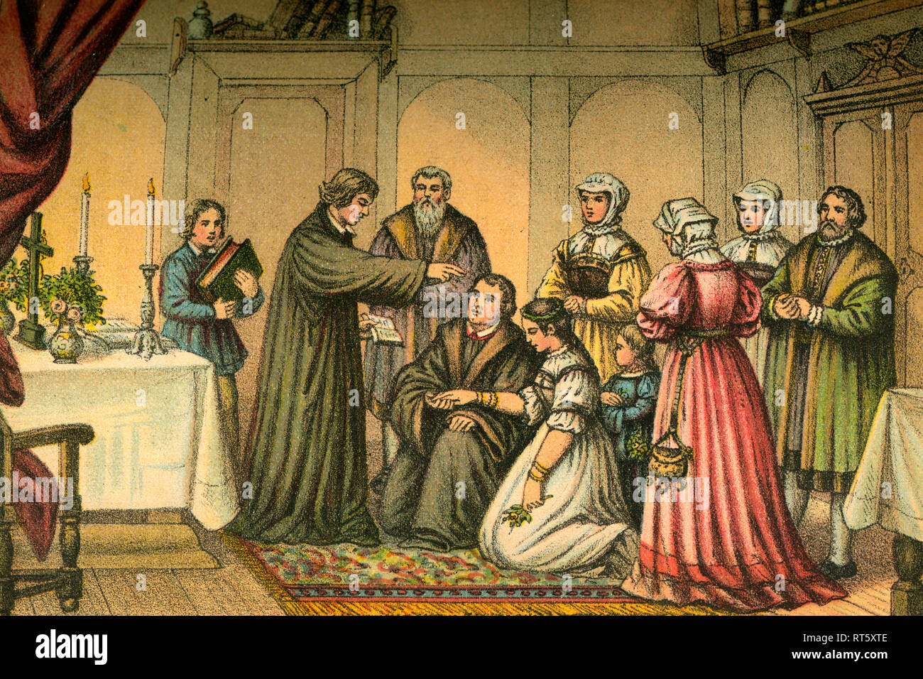 The marriage of Martin Luther with Katharina von Bora, coloured  illustration (artist unknown) from: "Doktor Martin Luthers Leben, Thaten  und Meinungen... " (Doctor Martin Luthers life, deeds and opinions...),  told by Martin