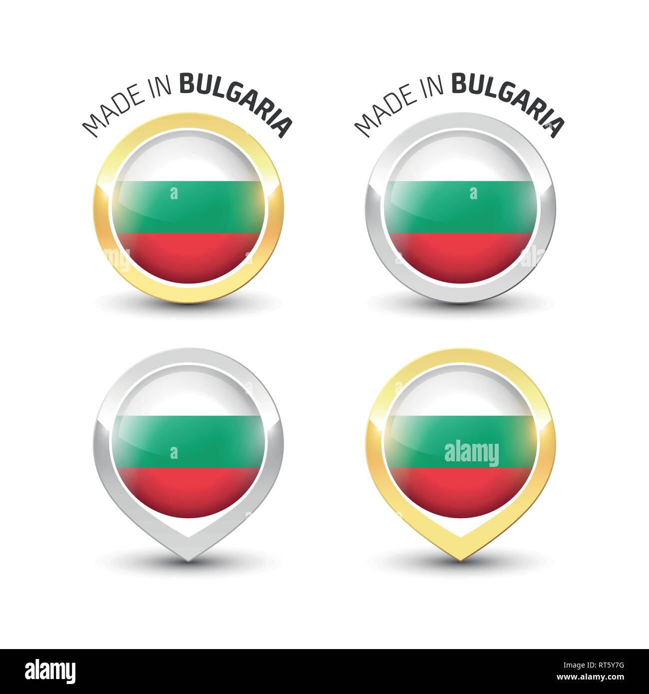 Made in Bulgaria - Guarantee label with the Bulgarian flag inside round gold and silver icons. Stock Vector
