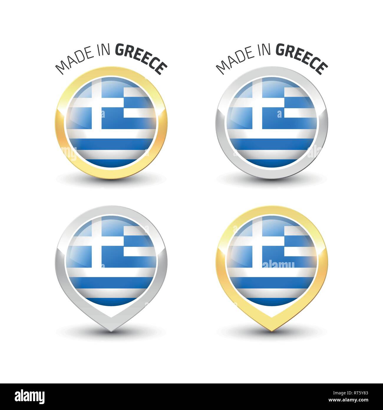 Made in Greece - Guarantee label with the Greek flag inside round gold and silver icons. Stock Vector