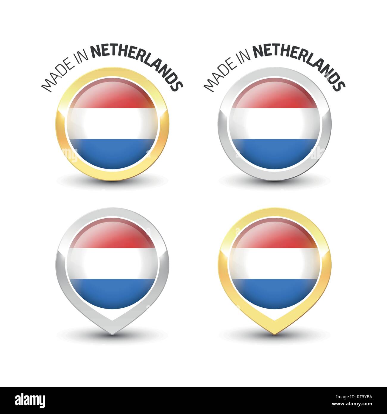 Made in Netherlands - Guarantee label with the Dutch flag inside round gold and silver icons. Stock Vector