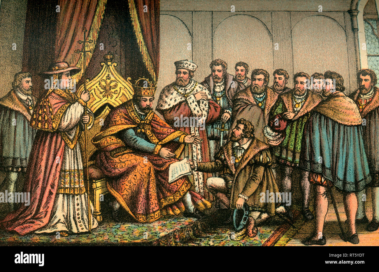 Dr. Bayer, chancler of Saxony, gives the Evangelical Confession to the Emperor Charles V. on the Imperial Diet in Augsburg, coloured illustration (artist unknown), from: 'Doktor Martin Luthers Leben, Thaten und Meinungen...' (Doctor Martin Luthers life, deeds and opinions...), told by Martin Rade (Paul Martin), published by Hermann Oeser, Neusalza i. S., 1887., Additional-Rights-Clearance-Info-Not-Available Stock Photo