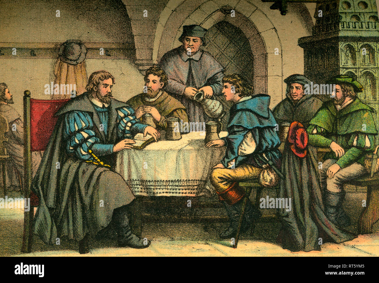 Martin Luther in the restaurant ' zum Schwarzen Bären ' in Jena, coloured image (artist unknown) from: 'Doktor Martin Luthers Leben, Thaten und Mitteilungen... ' (Doctor Martin Luthers life, deeds and opinions...), told by Martin Rade (Paul Martin), published by Hermann Oeser, Neusalza i. S., 1887., Additional-Rights-Clearance-Info-Not-Available Stock Photo