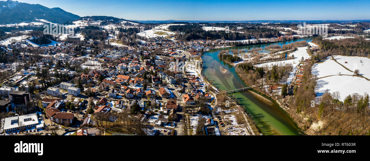 aerial famous old town of bad toelz february snow. Mountains Isar river alps bavaria germany Stock Photo
