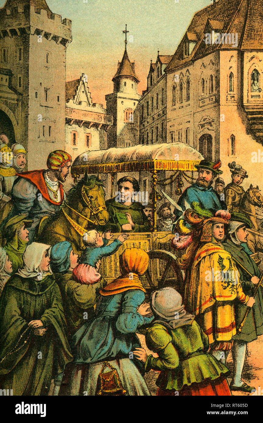 Martin Luther comes to Worms, coloured image (unknown artist), from: "Doktor Martin Luthers Leben, Thaten und Meinungen (Doctor Martin Luthers life, deeds and opinions...), told by Martin Rade (Paul Martin), published by Hermann Oeser, Neusalza i. S., 1887., Additional-Rights-Clearance-Info-Not-Available Stock Photo