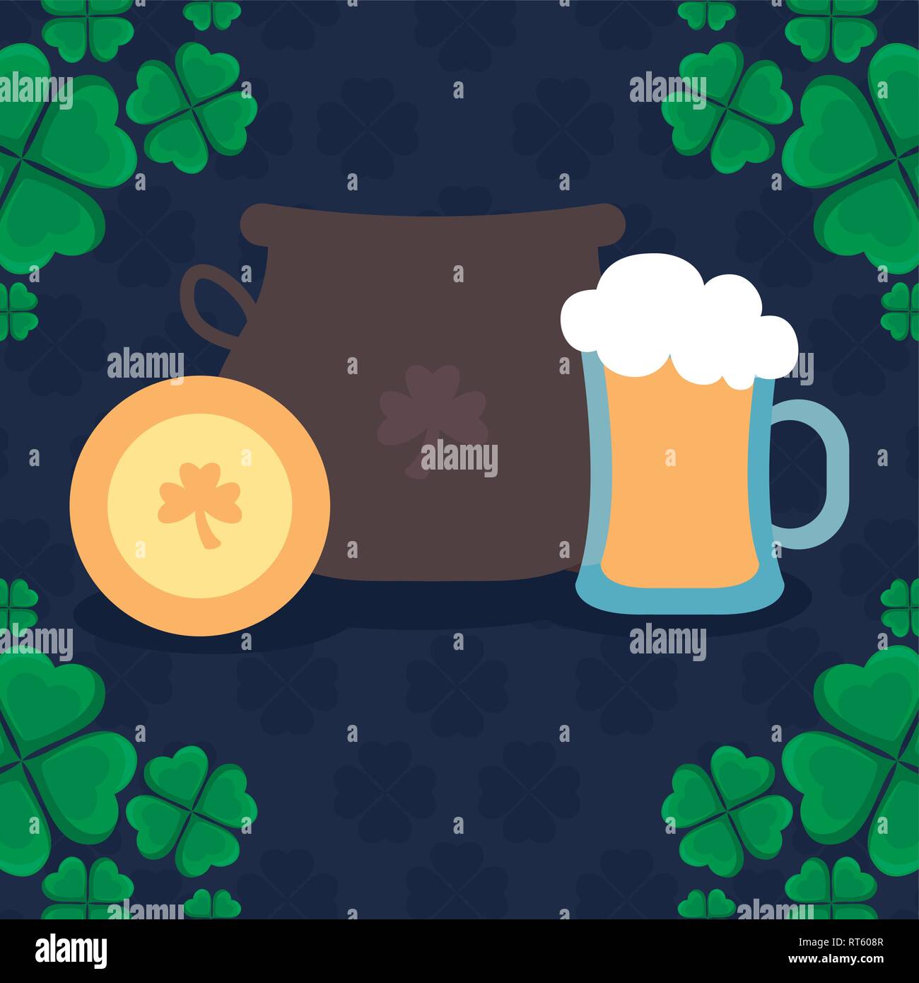 st patricks day card with cauldron and beer jar vector illustration ...