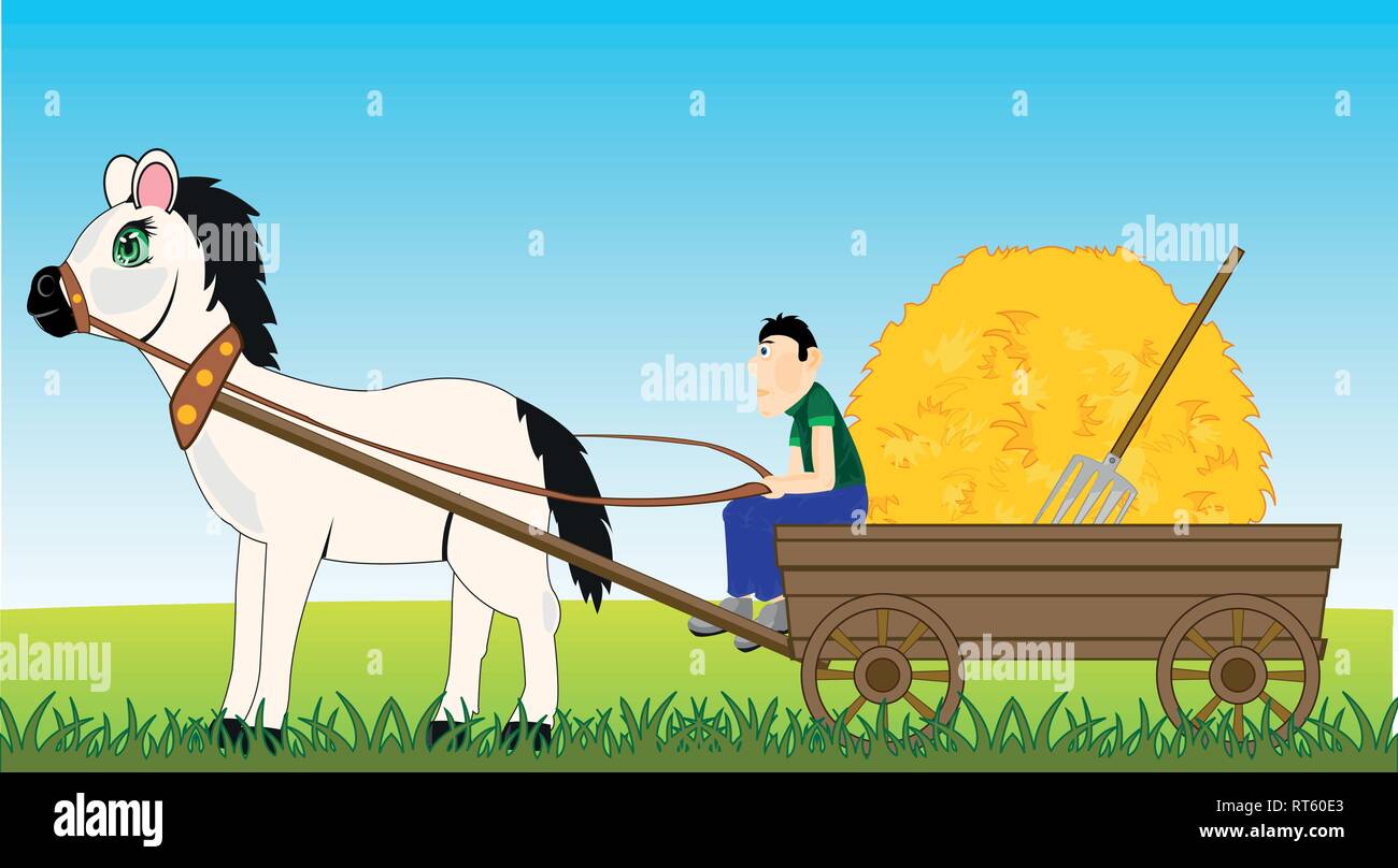 Vector illustration of the farmer on horse cart with hay Stock Vector ...