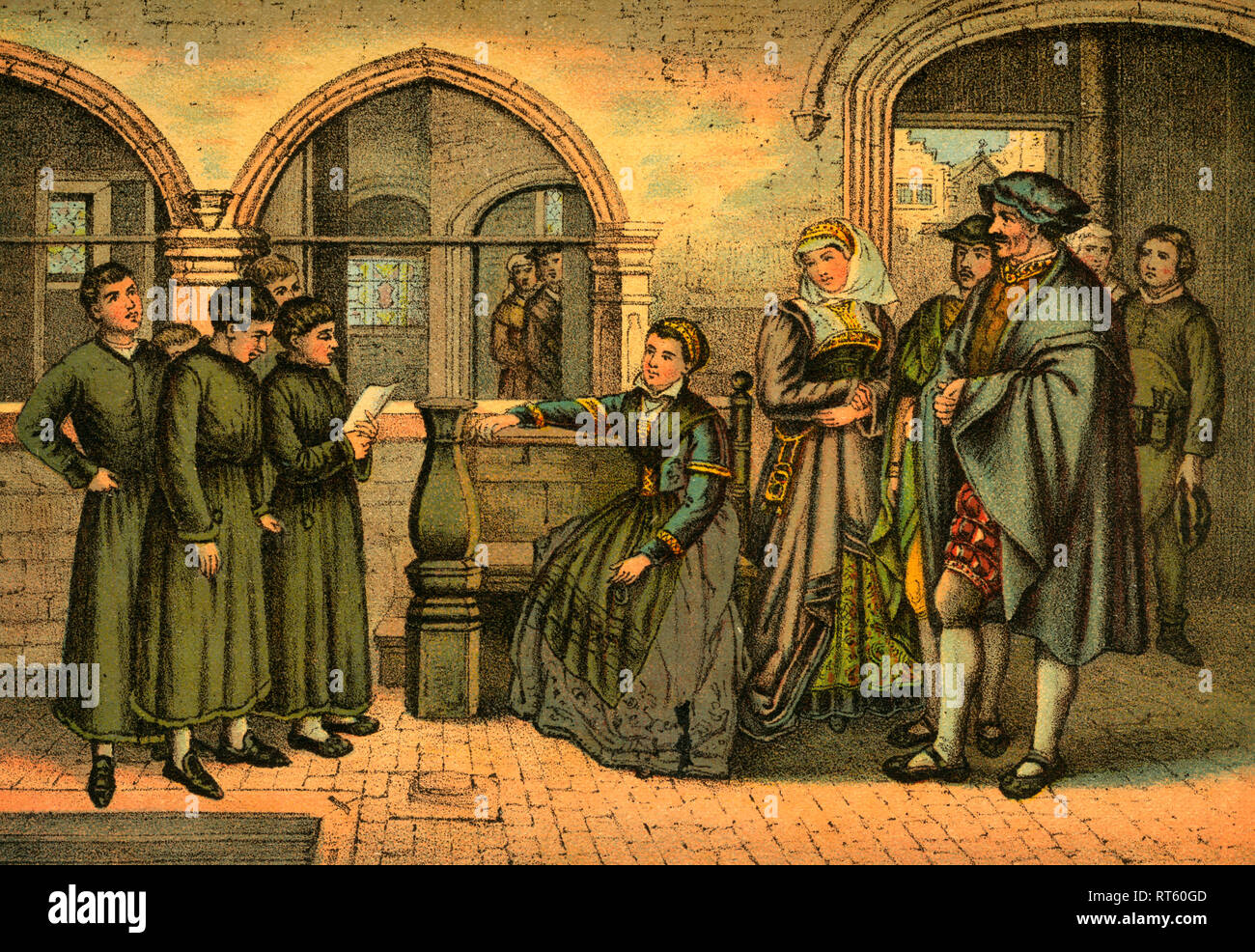 Martin Luther as a Kurrendesänger infront the Cotta family in Eisenach, coloured image (unknown artist) from: 'Doktor Martin Luthers Leben, Thaten und Meinungen (Doctor Martin Luthers life, deeds and opinions...), told by Martin Rade (Paul Martin), published by Hermann Oeser, Neusalza i. S., 1887., Additional-Rights-Clearance-Info-Not-Available Stock Photo