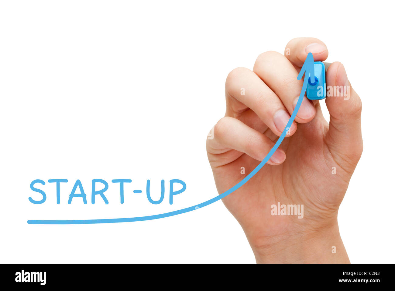 Hand drawing Start-up graph with blue marker on transparent wipe board isolated on white. Successful new business, entrepreneurship or project concept Stock Photo
