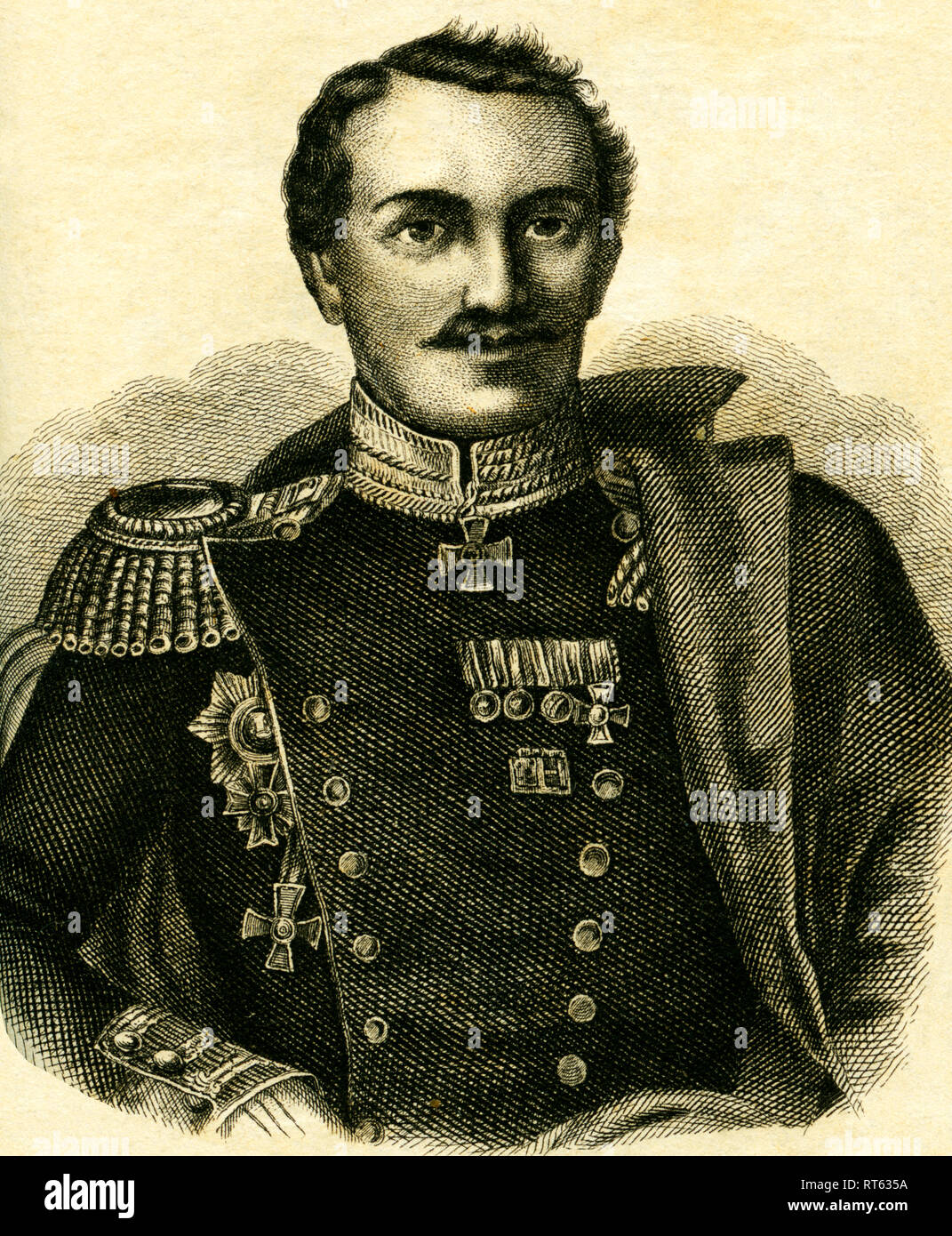 Pawel Petrowitsch Liprandi, russian general, 1796-1864, commander-in-chief of the left part of the russian army in front of Sevastopol, lithography from: 'National-Kalender für alle Kronländer der kaiserl. königl. österreichischen Monarchie auf das Schaltjahr 1856 ' (National calender for all crownlands of the imperial monarchy of Austria, 1856), lithographer W. Klimt, published by Carl Wilhelm Medow, Leitmeritz / Prague., Additional-Rights-Clearance-Info-Not-Available Stock Photo