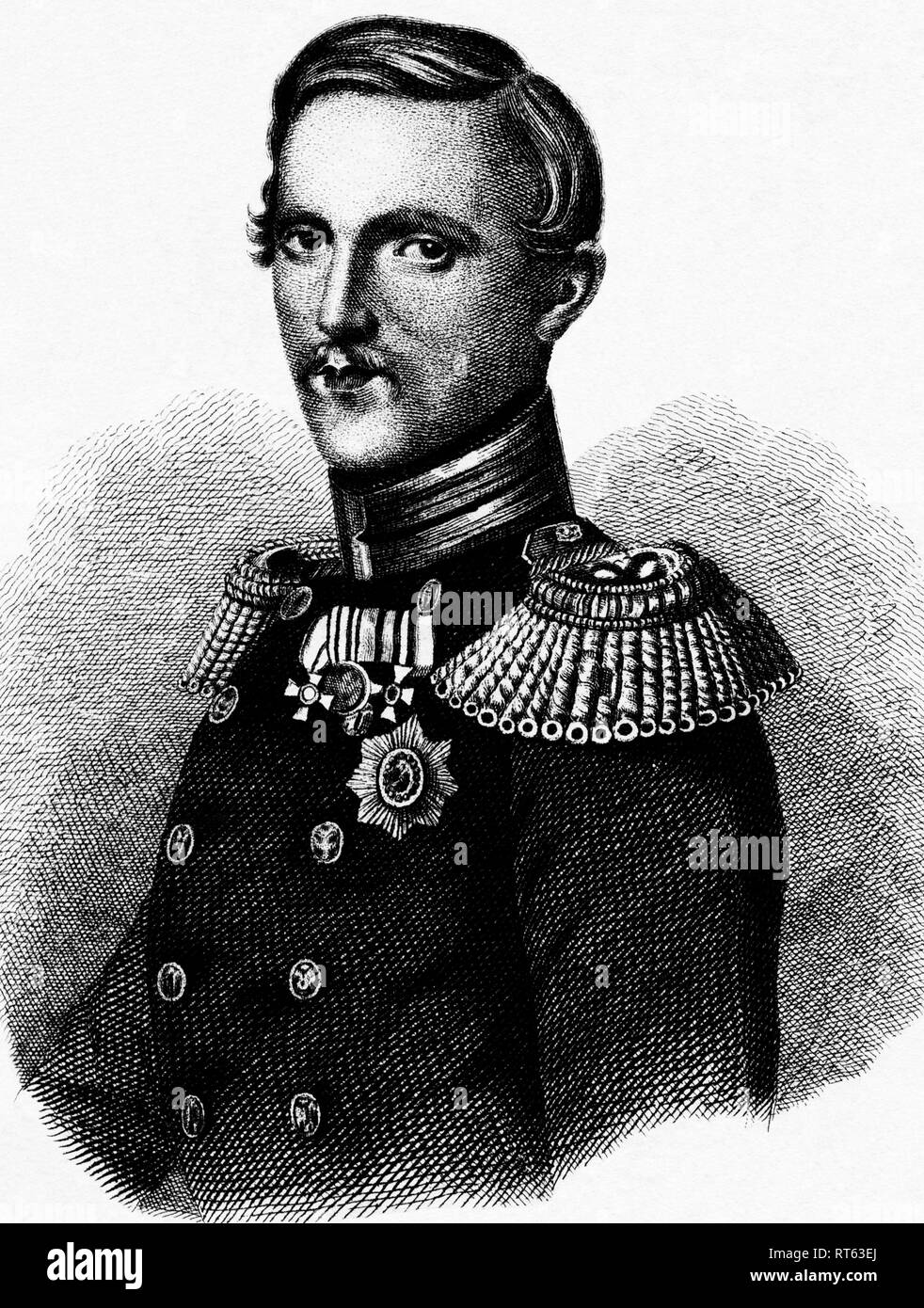 Grand Duke Constantin Nikolajewitsch of Russia, from the House Romanov, 1827-1892, son of Tsar Nicolaus I, lithography from: 'National Kalender für alle Kronländer der kaiserl. königl. österreichischen Monarchie auf das Schaltjahr 1856 (National calender for all crownlands of the imperial monarchy of Austria), lithographer W. Klimt, published by Calr Wilhelm Medow, Leitmeritz / Prague., Additional-Rights-Clearance-Info-Not-Available Stock Photo