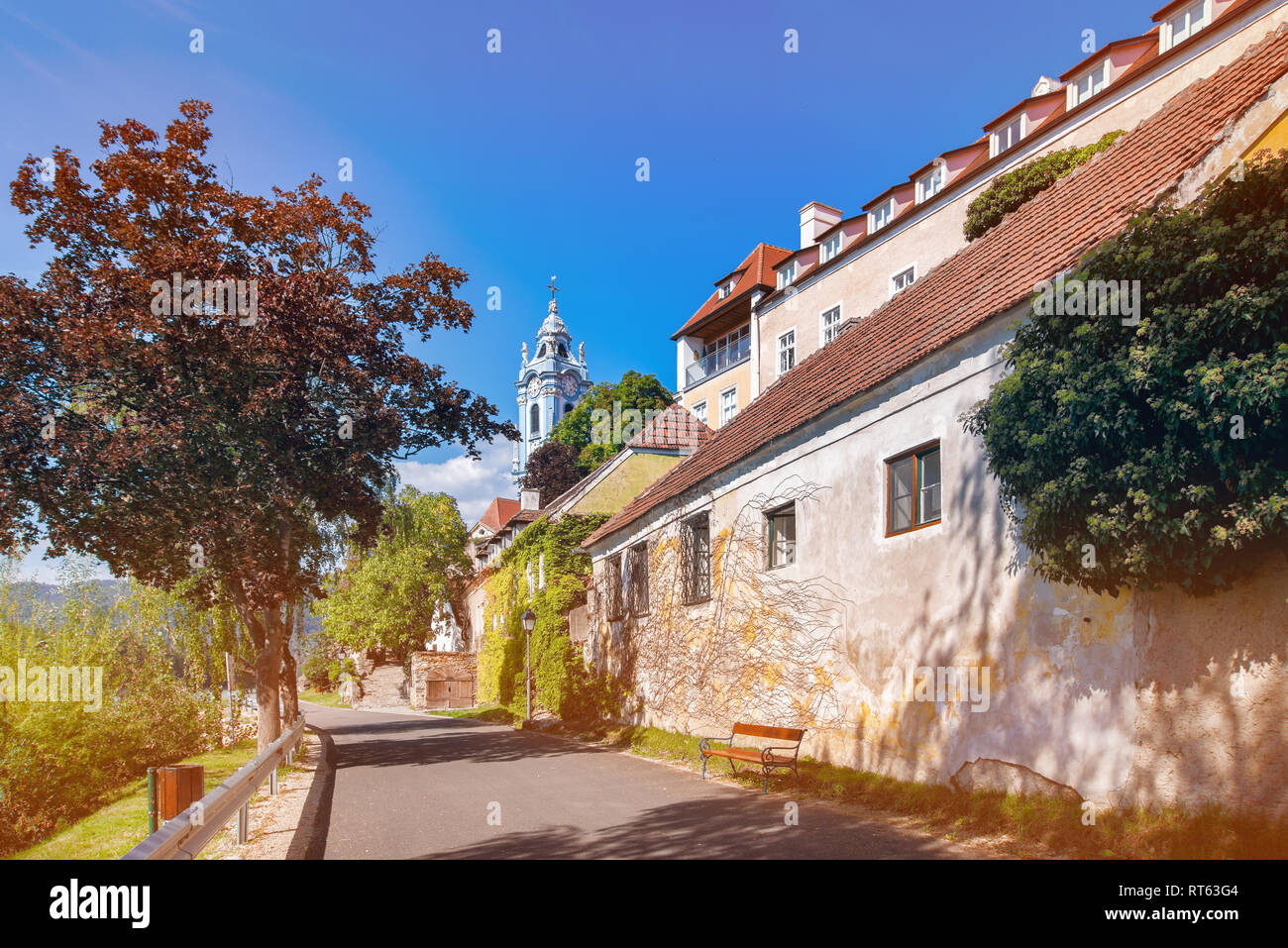 The medieval town of Dürnstein along the Danube River in the ...