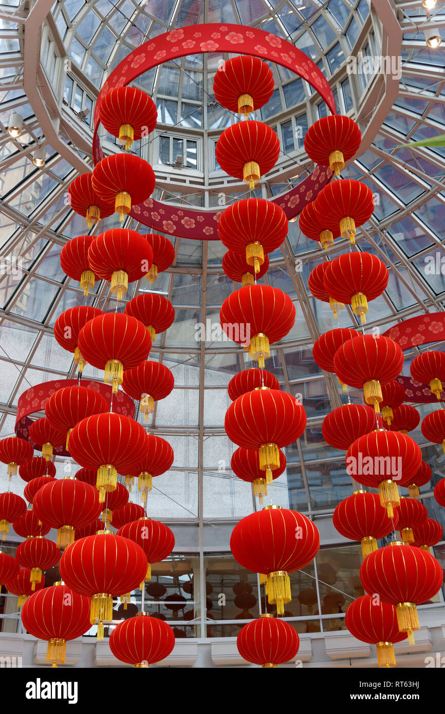 Red Chinese lanterns in the Pacific Centre Mall Vancouver BC