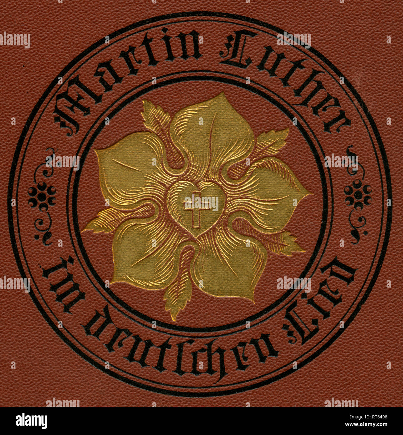 'Lutherrose', on the cover of the book ' Martin Luther and the German song', published by Friedrich Braun, publishing house J. F. Steinkopf, Stuttgart, 1883, Additional-Rights-Clearance-Info-Not-Available Stock Photo