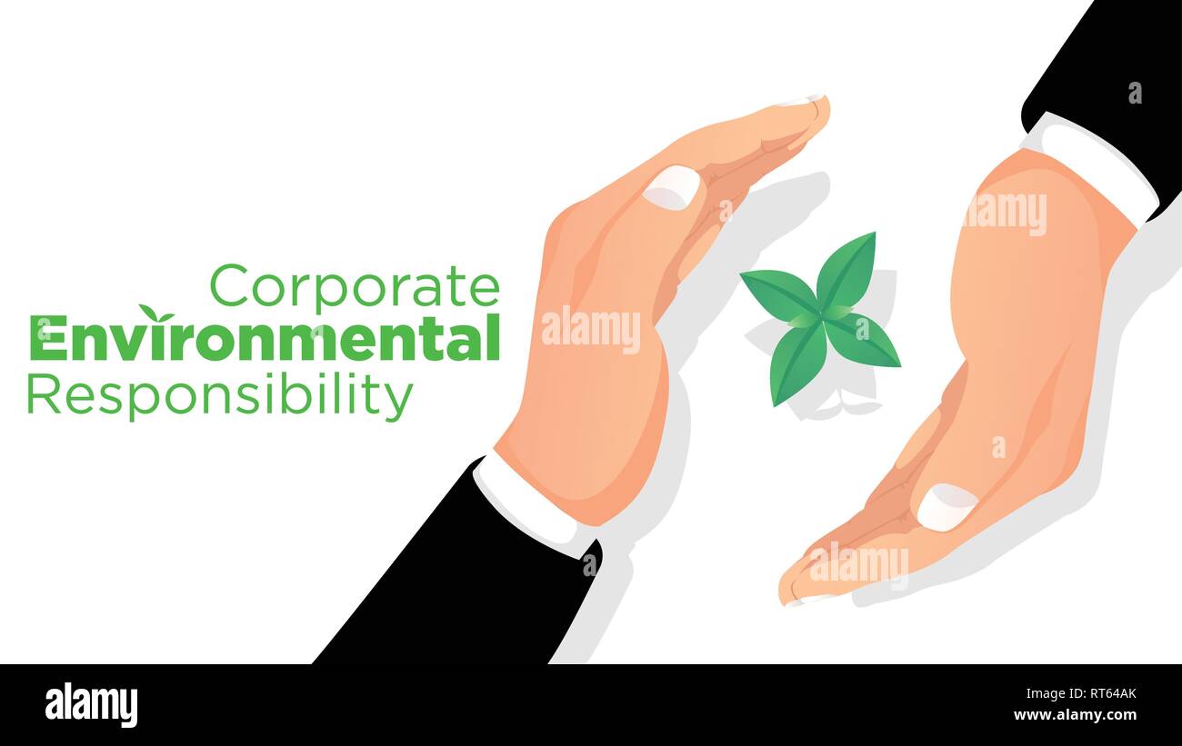 corporate envioronmental responsibility concept two hands of businessman wear formal suit protect green leaf crop plant for green earth illutration Stock Vector
