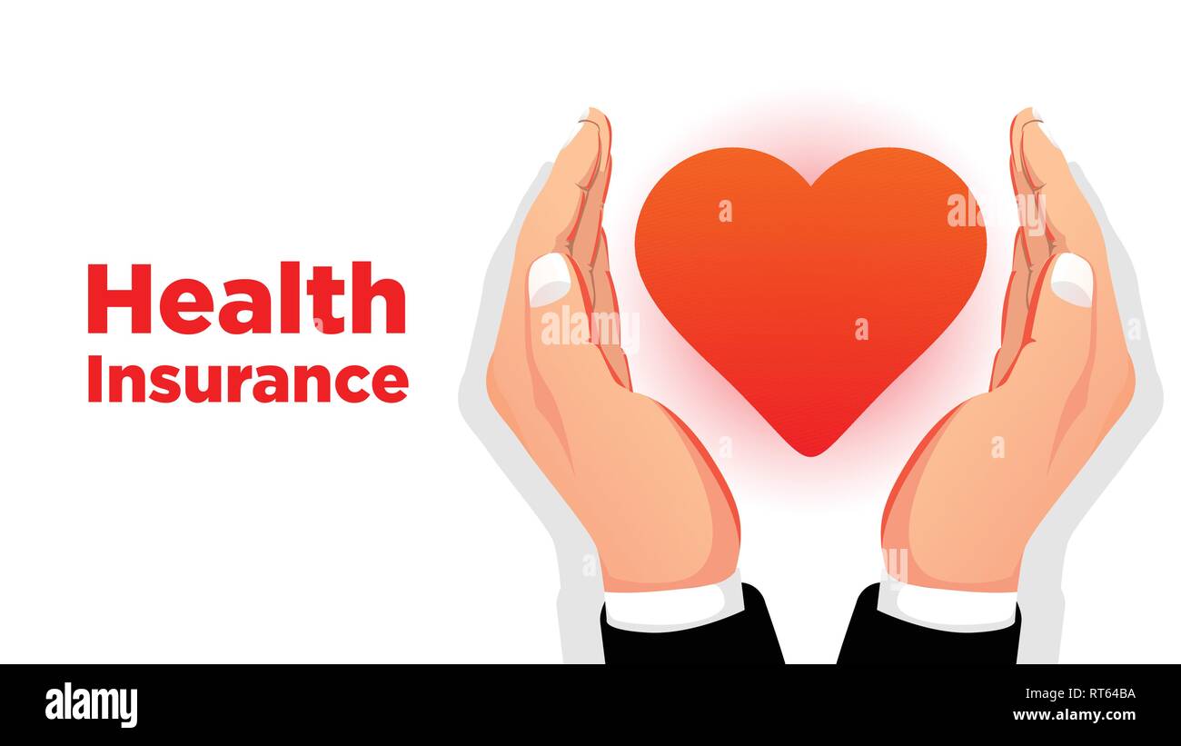 health insurance concept two hands protect heart live illustration with text best for presentation and web Stock Vector