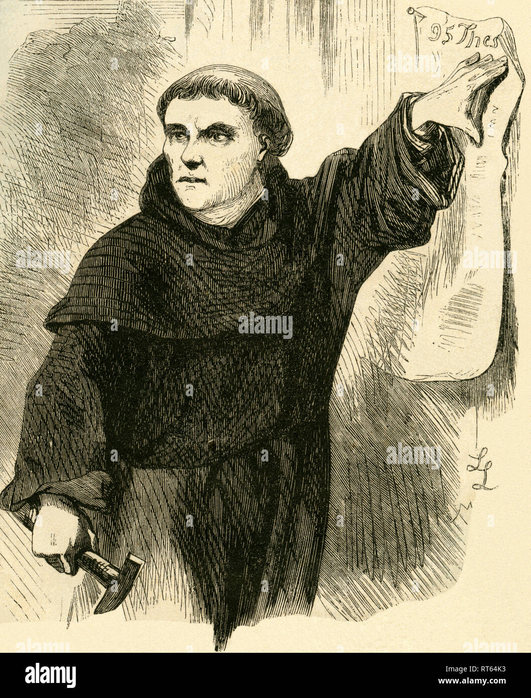 Martin Luther hangs up his ninety-five thesis on a door of a church in Wittenberg, illustration from: 'The German People', German history with text (by Adolf Streckfuß) and illustrations (by Ludwig Löffler), published by B. Brigl, Berlin, about 1970., Additional-Rights-Clearance-Info-Not-Available Stock Photo