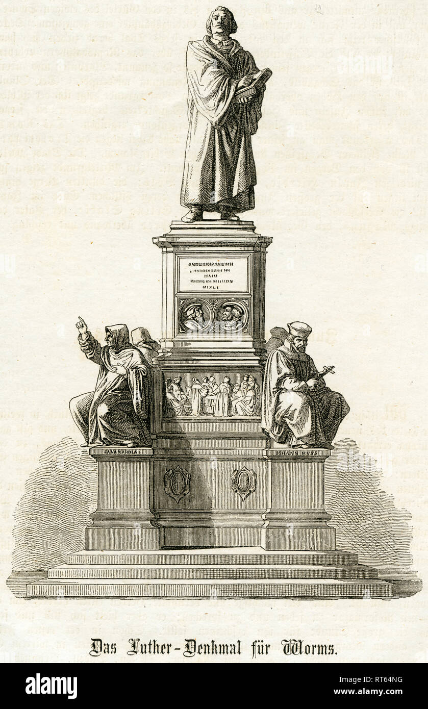 Germany, Rhineland-Palatinate, Worms, memorial of Martin Luther, steel engraving from: 'Meyer's Universum', published by Herrmann J. Meyer, Bibliographisches Institut, Hildburghausen, 1862, Artist's Copyright has not to be cleared Stock Photo