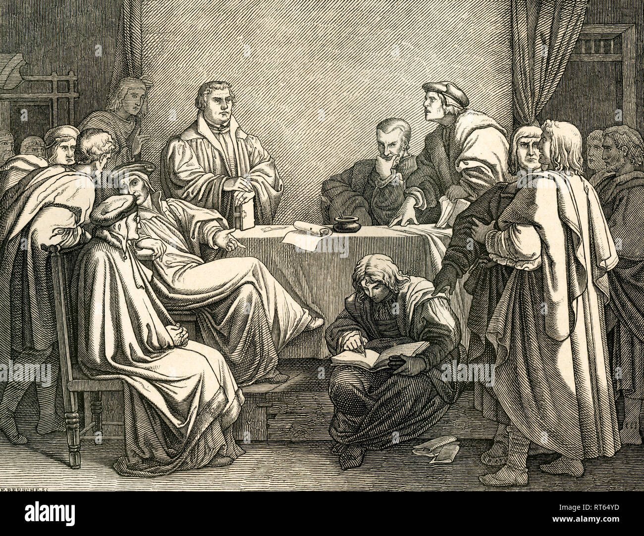 Luther und Eck in discussion, illustration (drawn by Trenkwald, engraved by F. Reusche) from: "Die deutsche Geschichte in Bildern " (images of German history), text by Dr. F. Bülau, published by C.C. Meinhold & sons, Dresden, 1862., Additional-Rights-Clearance-Info-Not-Available Stock Photo