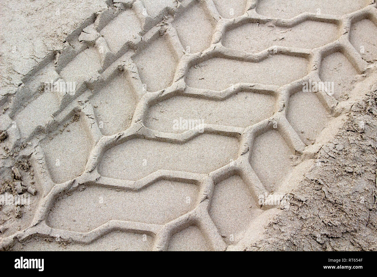 Close-up image showing the texture of tyre marks in the sand Stock Photo