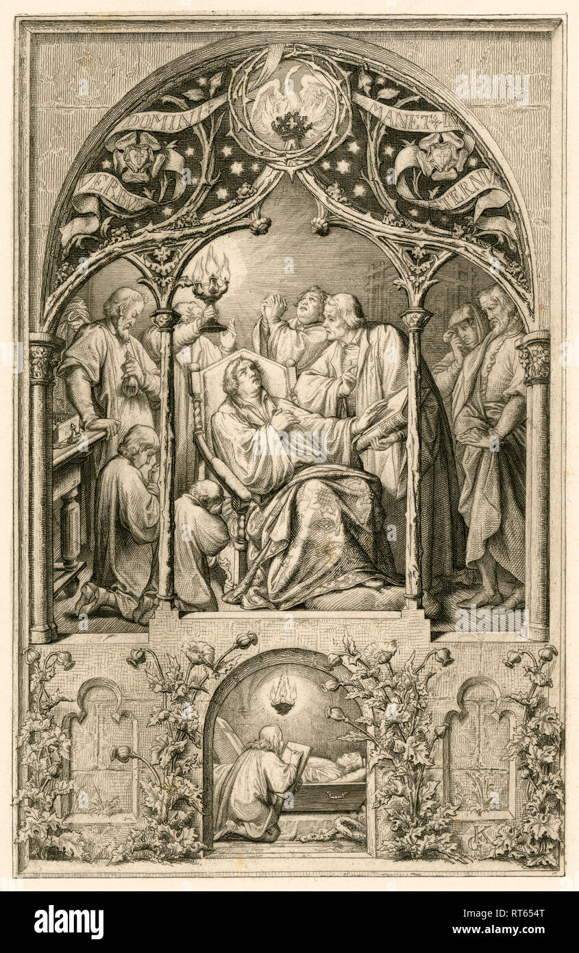 The death of Martin Luther, Luther two sons, kneeling in front of his father, Dr. Justus Jonas says last words, behind them Michael Cölius praying, Johannes Aurifaber with an candelabrum, the doctor Simon Wild with medicine and on the right the count Albrecht von Mansfeld together with his wife. Down the little image showes Lukas Fortenagel painting the dead Luther., Additional-Rights-Clearance-Info-Not-Available Stock Photo