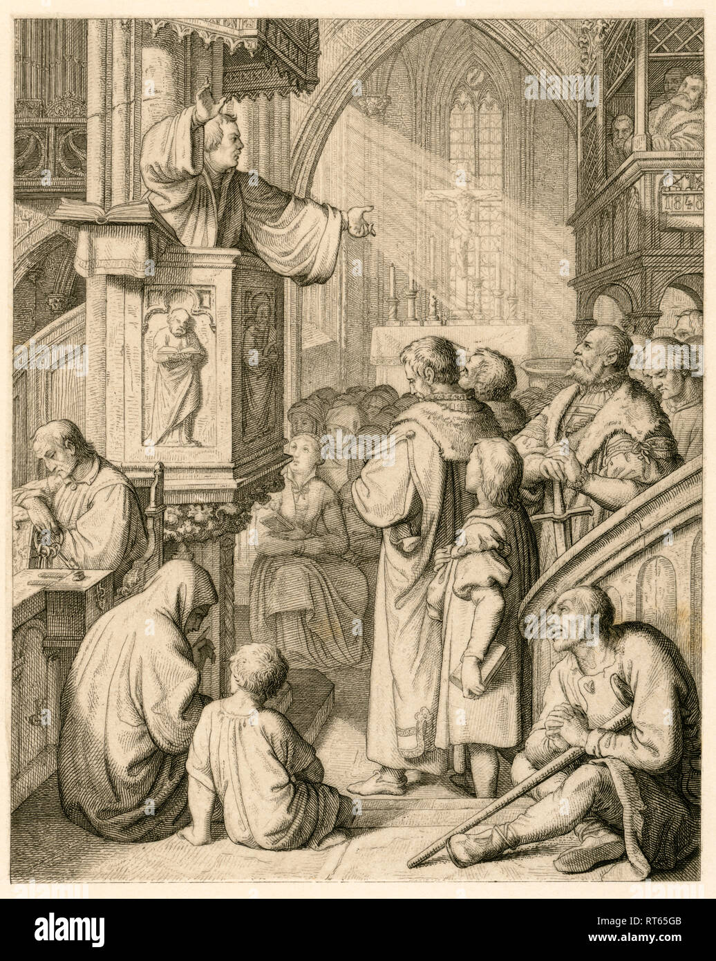 Martin Luther preaches, you see all parts of an protestant church. Illustration from: 'Dr. Martin Luther the German Reformer', illustrated by Gustav König, published by Rudolf Besser, Gotha, 1850th., Additional-Rights-Clearance-Info-Not-Available Stock Photo