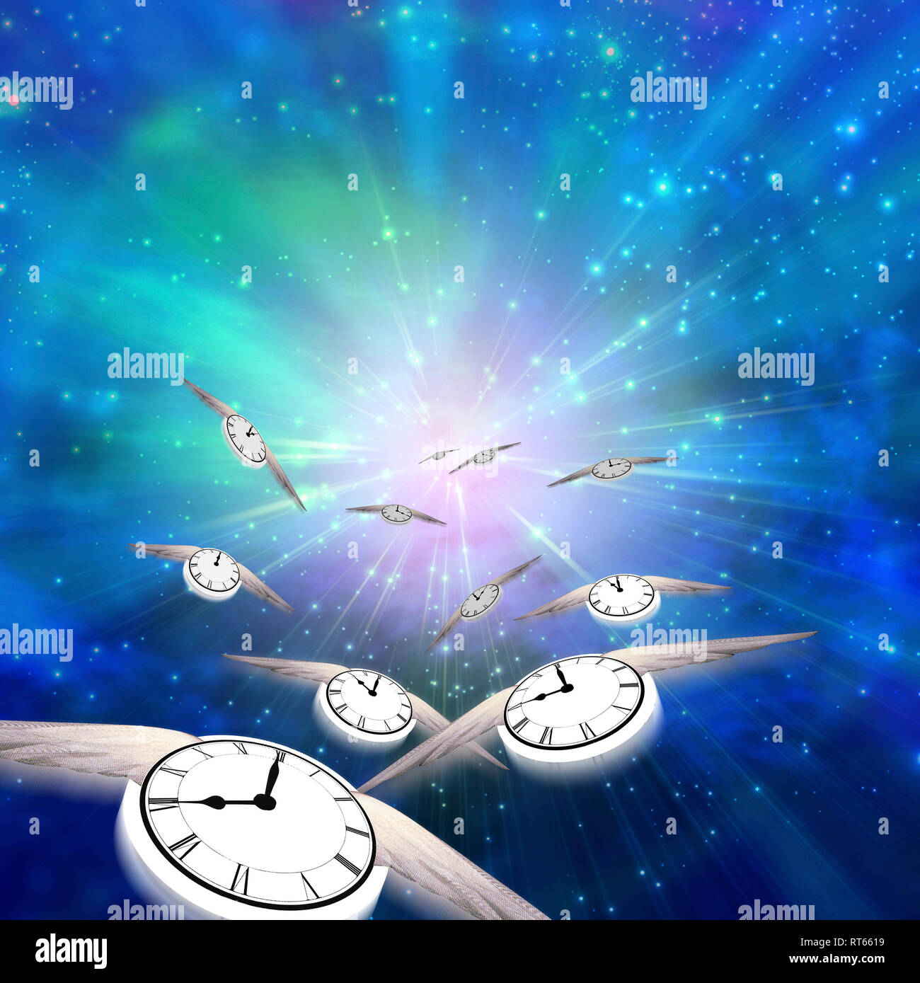 Surreal composition. Winged clocks represents flow of time Stock Photo