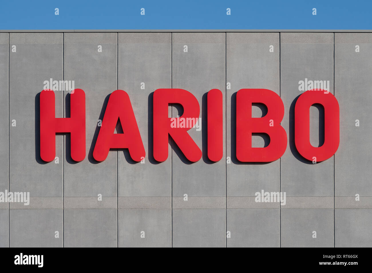 The Haribo logo seen on the side of the company's confectionery facility, located in Castleford, West Yorkshure, UK. Stock Photo