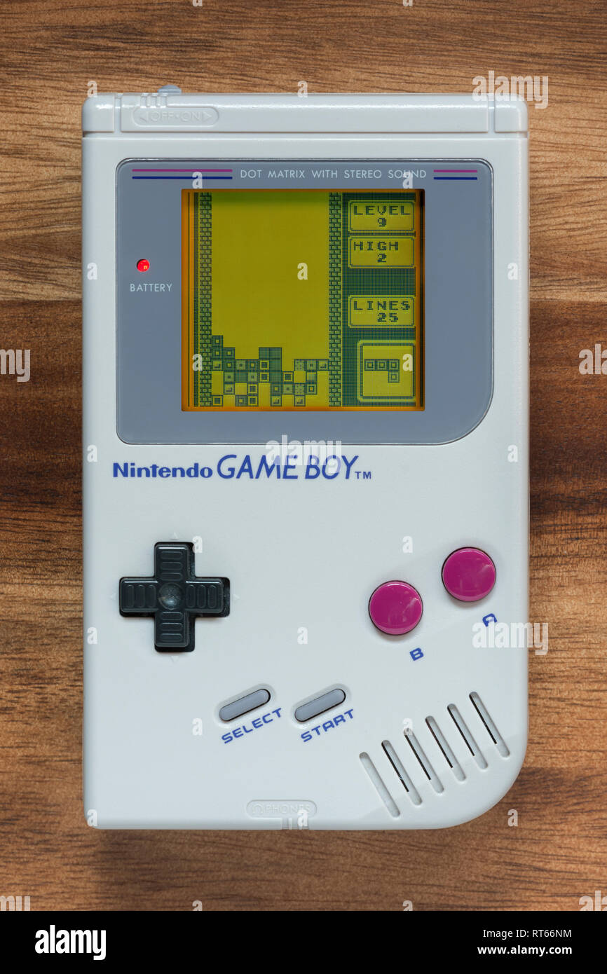 The gameplay screen of the game Tetris as seen on a 1989 Nintendo Game Boy (Editorial use only). Stock Photo