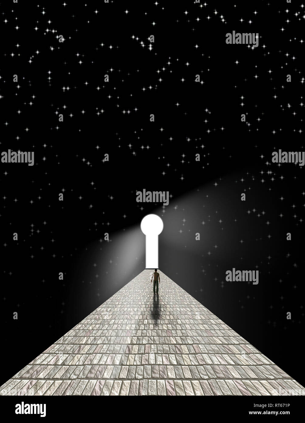 Man before keyhole on stone road with starry background. Stock Photo