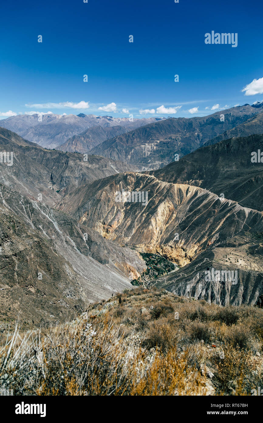 Beautiful scenery of the hills and depth of Colca Canyon, one of the world's deepest canyons, located in southern Peru. Stock Photo