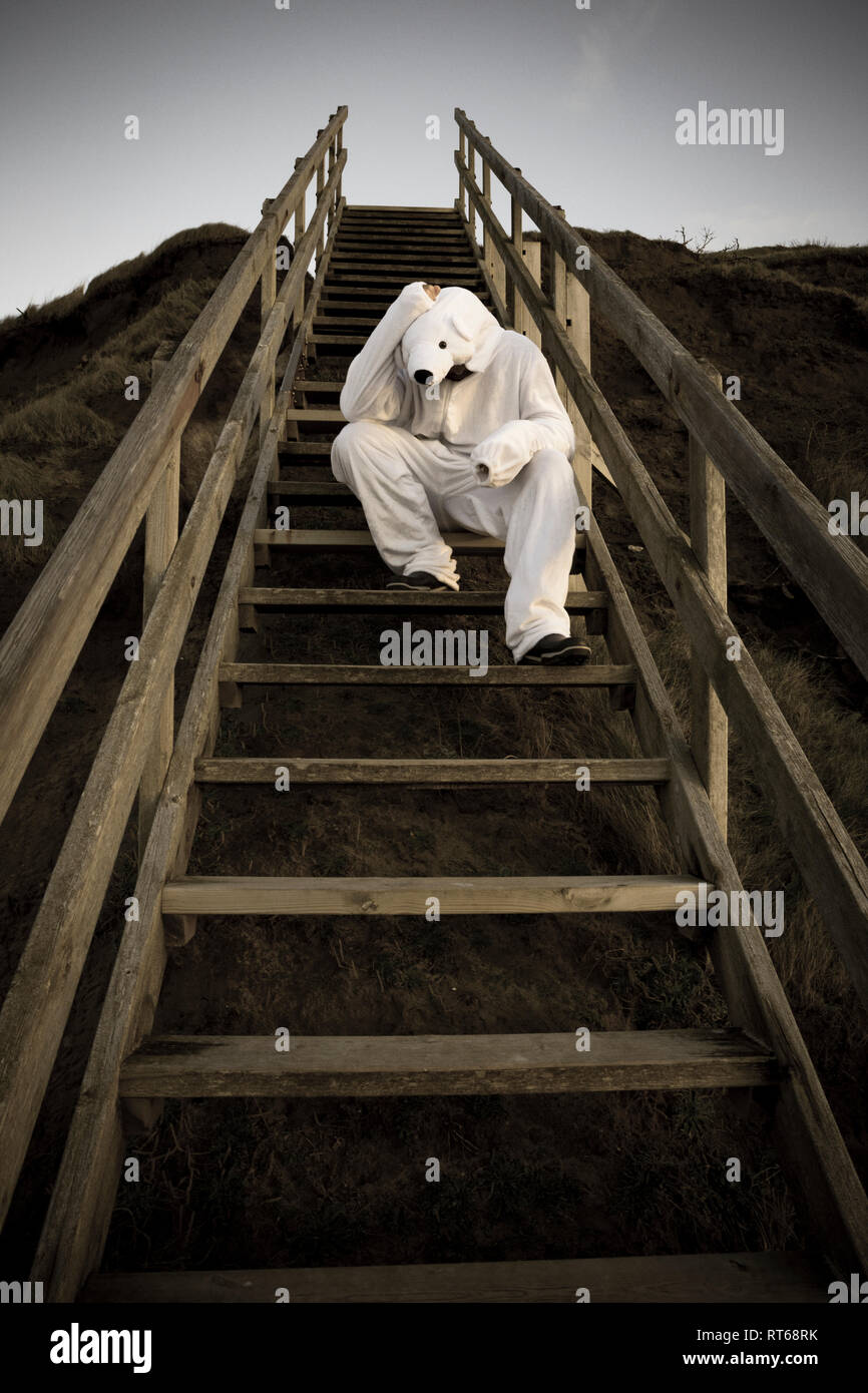 Man wearing ice bear costume sitting on steps, despair Stock Photo