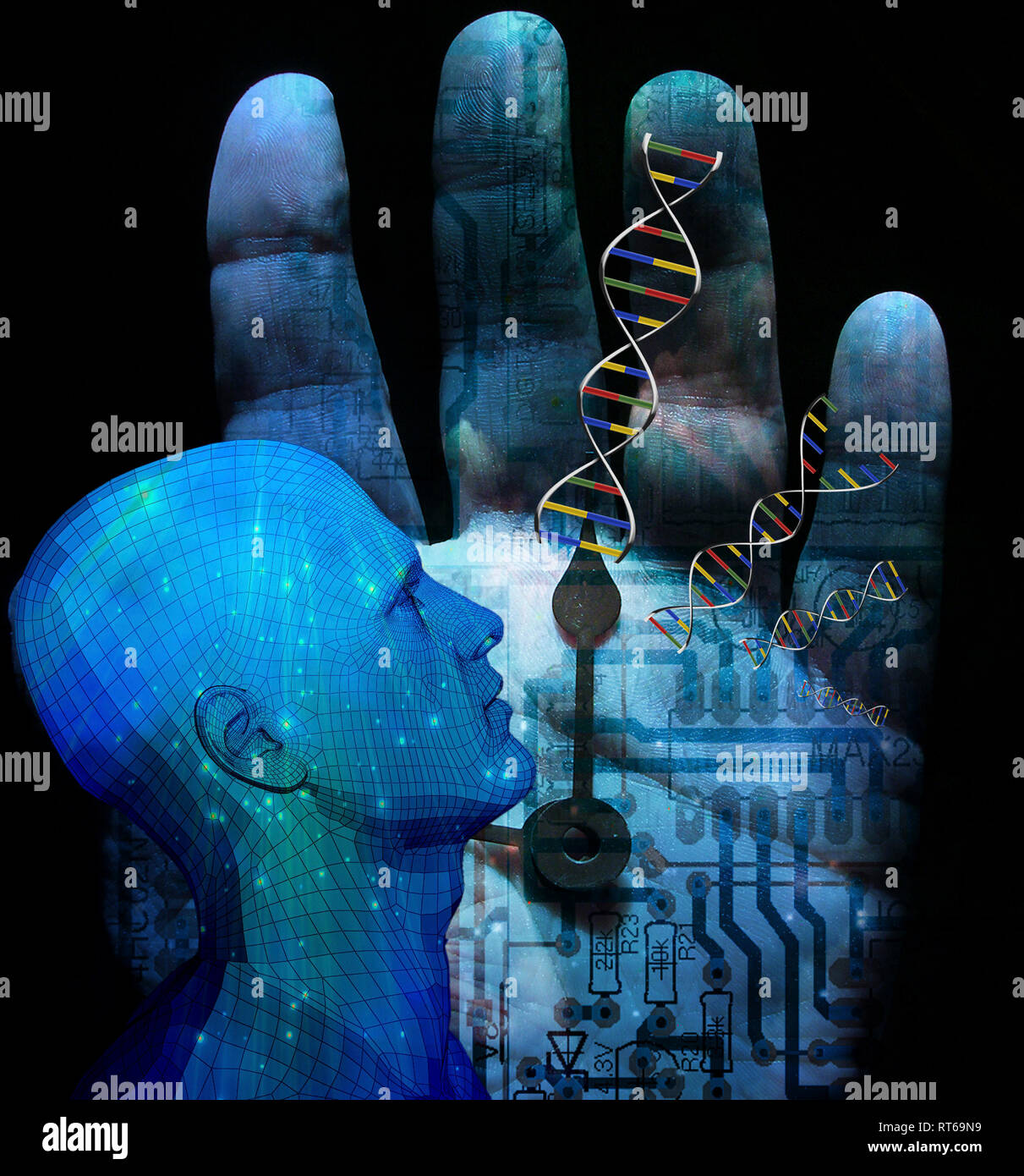 Cyborg Dna Cyborg. Arrows on palm hand. DNA strands Stock Photo - Alamy