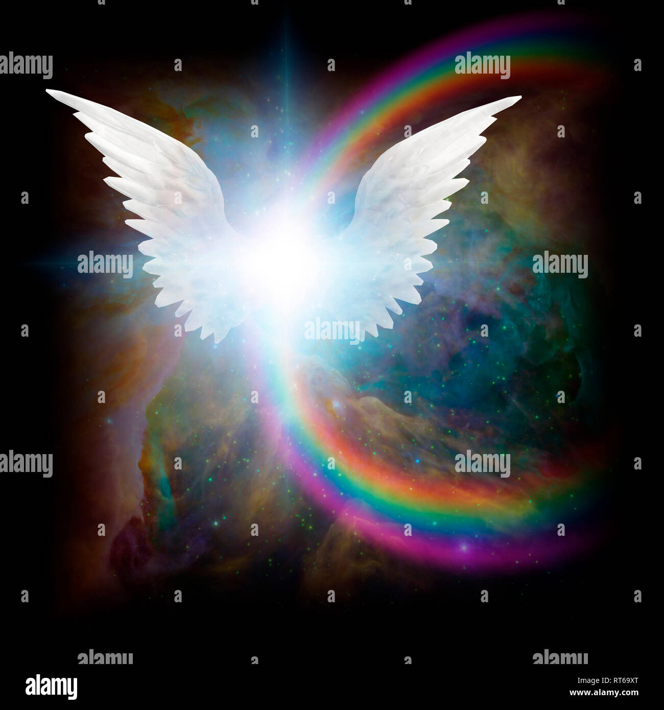 スピリチュアルアート「Wings of Victory」(アールグラージュ作品) Bright star with white angel's wings in vivid colorful