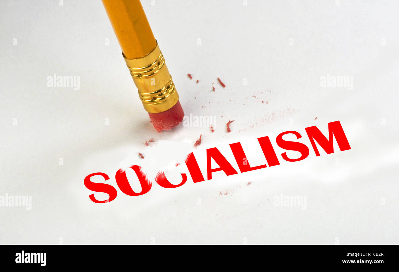Erase away Socialism with pencil and eraser. Stock Photo