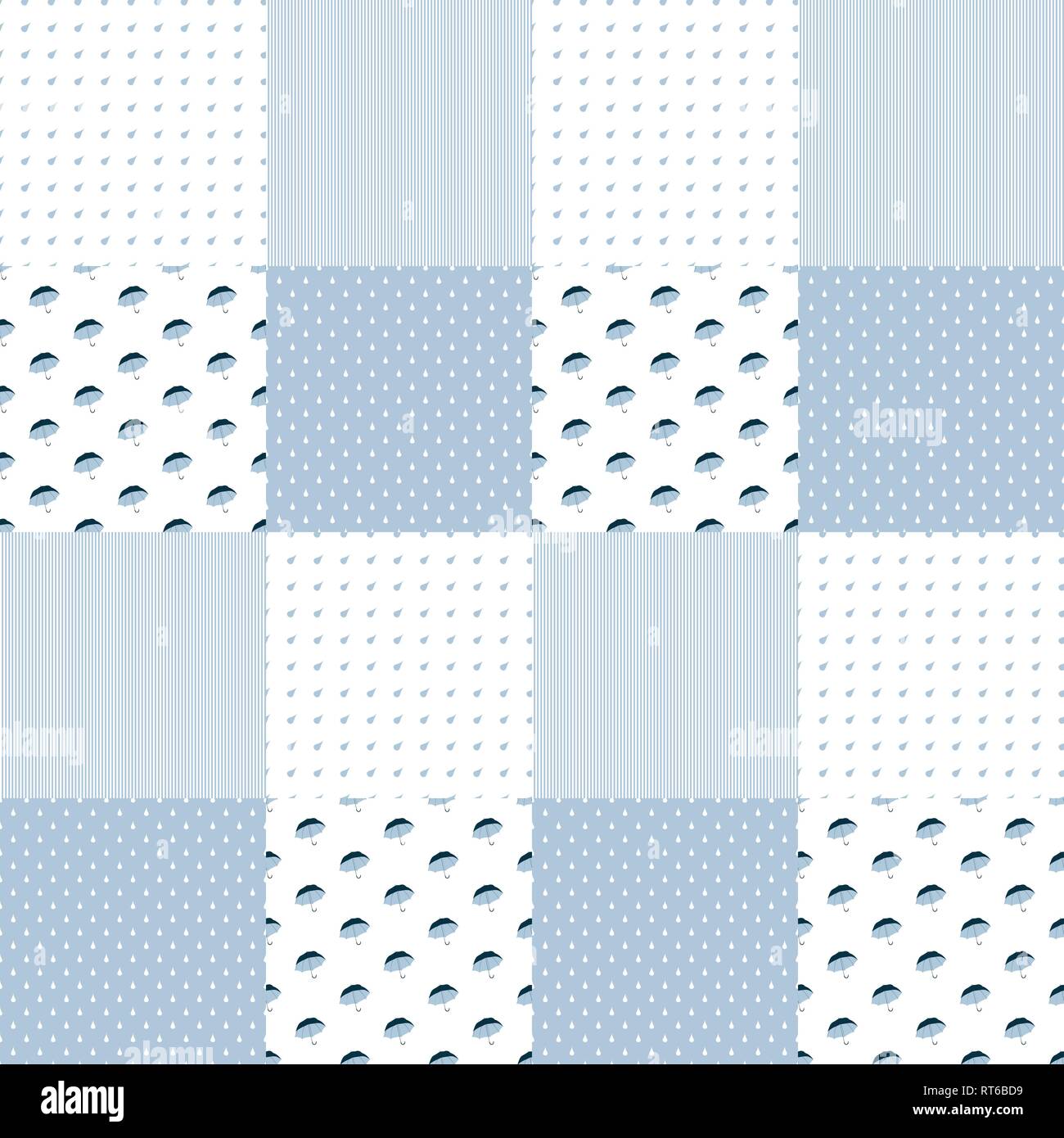 Vector patchwork pattern in blue colors with umbrellas, lines and water ...
